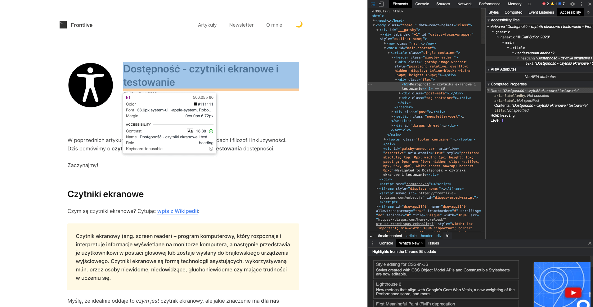 Okienko w Google Chrome DevTools ukazujące pomocne informacje w kontekście dostępności