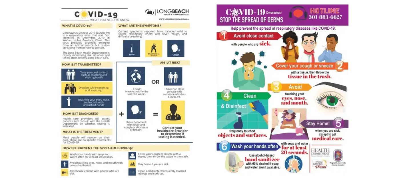 Przykład źle i dobrze dobranego layoutu - ulotki Covid-19 what you need to know i Covid-19 stop the spread of germss