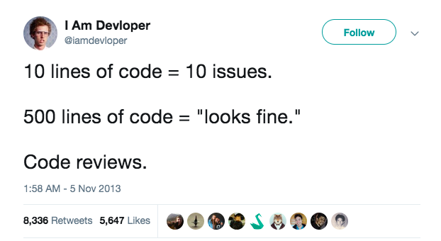 Post użytkownika I Am Developer na Twitterze przedstawiający w jaki sposób ilość linii kodu wpływa na ilość komentarzy podczas Code Review.